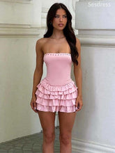 Elegant Pink Beadings Strapless A-line Short Mini Dress Homecoming Dress